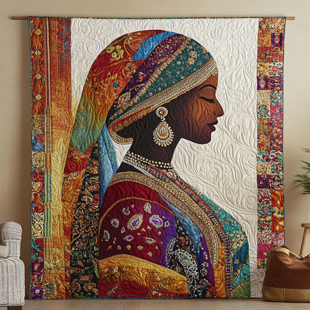 Indian Woman Portrait Quilt Luxury Quilt Blanket with Decorative Stitching