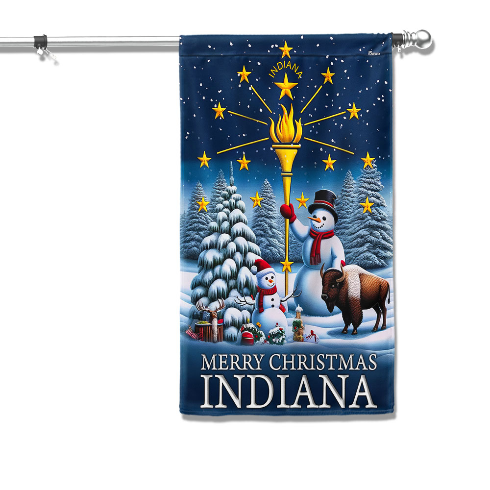 Indiana Christmas Flag Snowman With Gold Torch Merry Christmas