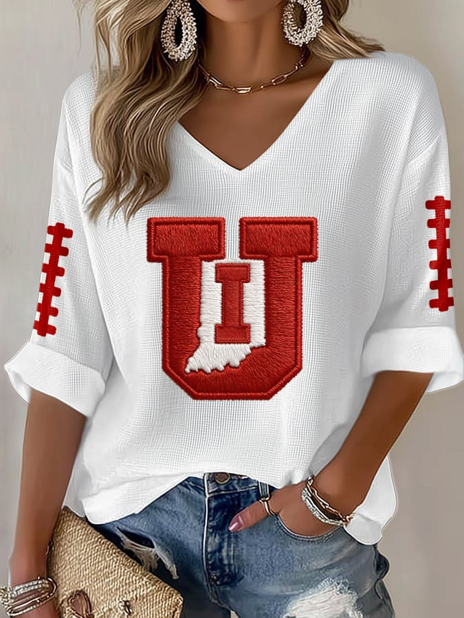 Indiana Hoosiers Football V-Neck Long Sleeve Shirt Game Day Football Merch Present For Her