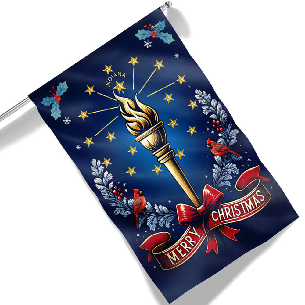 Indiana Merry Christmas Torch And Stars Flag