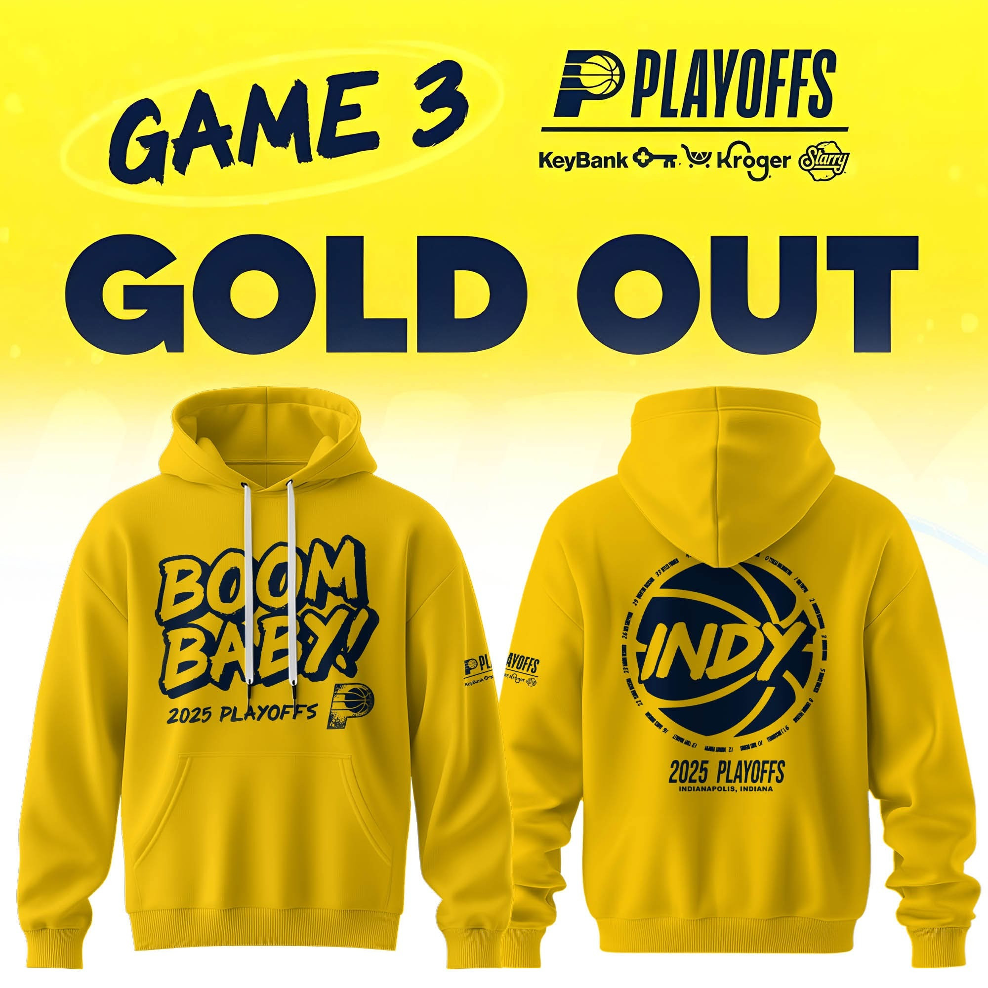 Indiana Pacers 2025 Playoffs Boom Baby Hoodie Yellow Indiana Pacers Basketball Fan Merch
