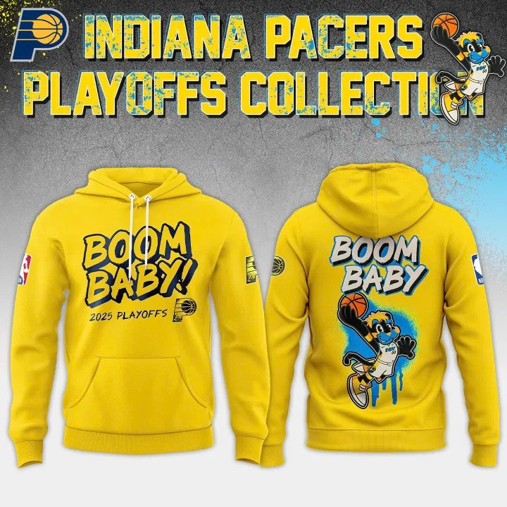 Indiana Pacers 2025 Playoffs Boom Baby Hoodie Yellow NBA Merch Basketball Fan Gift Ideas