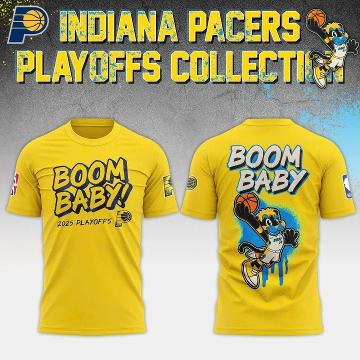 Indiana Pacers 2025 Playoffs Boom Baby T-Shirt Yellow NBA Merch Basketball Fan Gift Ideas