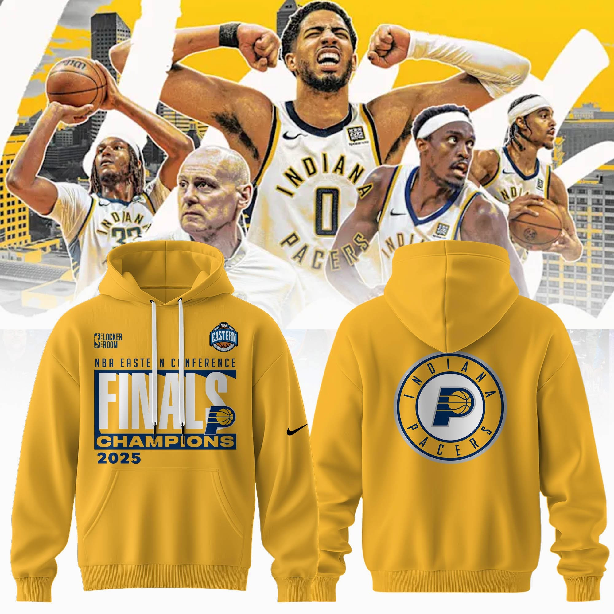Indiana Pacers Eastern Conference Champions Hoodie Yellow Final NBA 2025 Fan Gear Merch