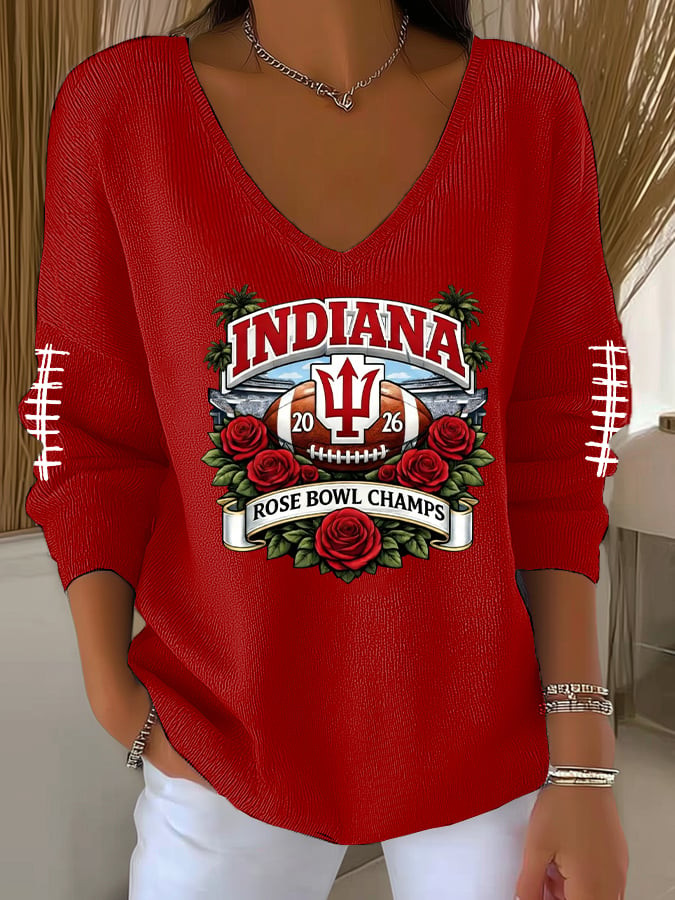 Indiana Rose Bowl Champs V-Neck Long Sleeve Shirt Indiana Hoosiers Apparel Gift Ideas For Her