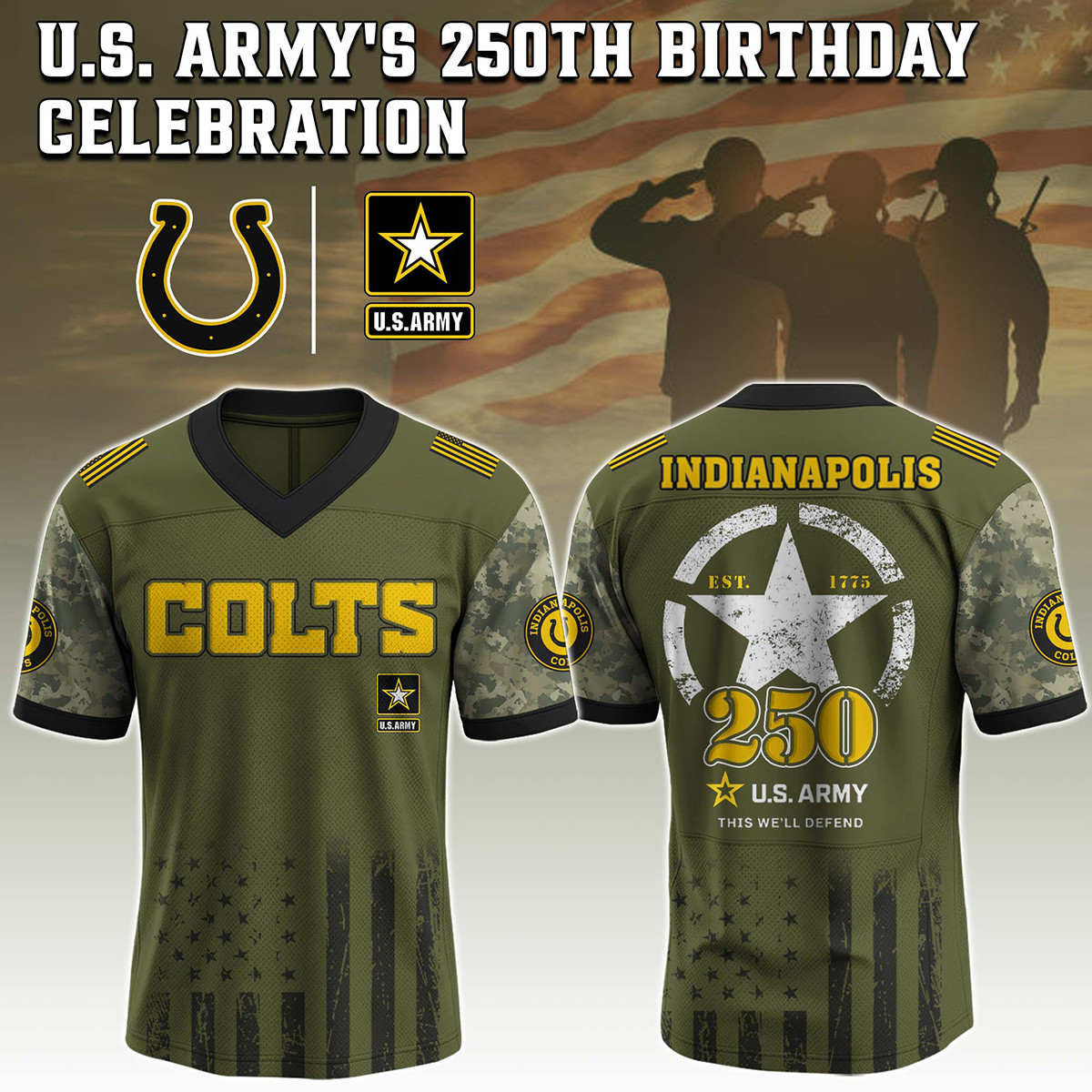 Indianapolis Colts US Army 250th Anniversary Football Jersey V-Neck Gift For Colts Fans