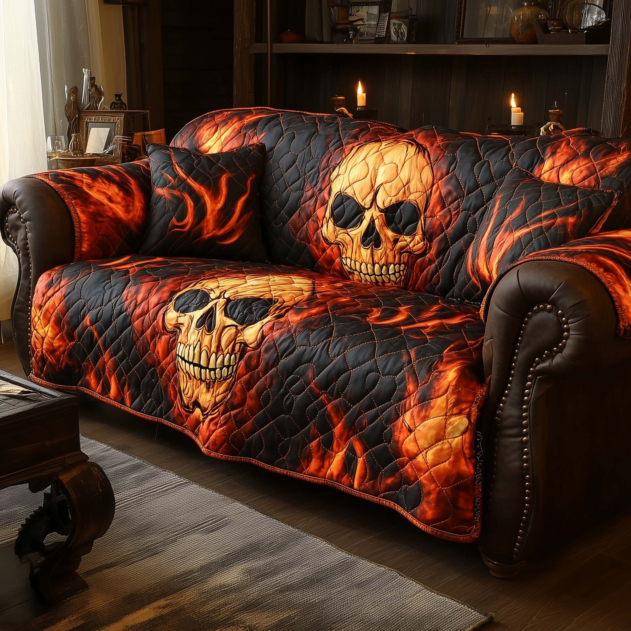 Inferno Skull Flame Quilted Sofa Cover Blazing Fire Motif Skull Graphic Cover Themed Gifts