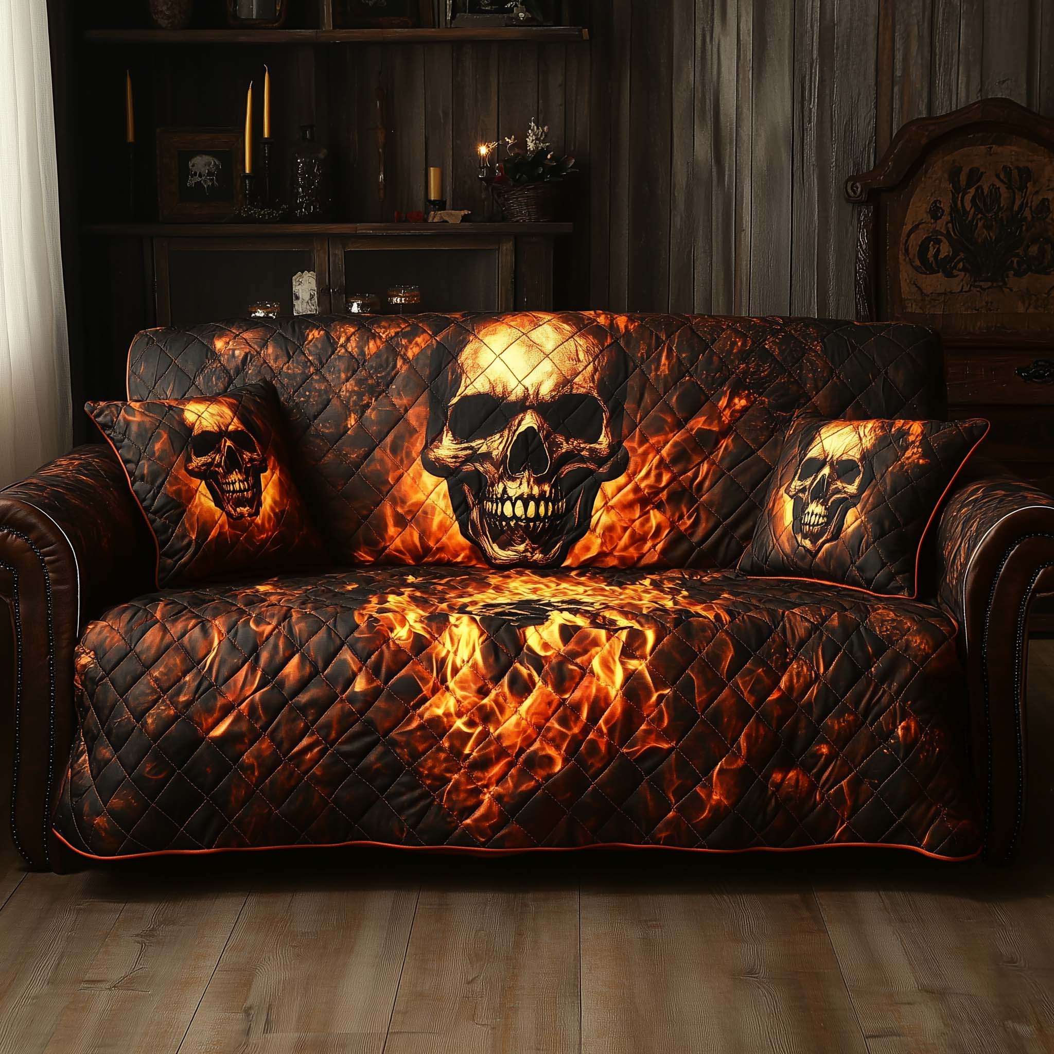 Inferno Skull Flame Quilted Sofa Cover Red Hot Fire Skull Graphic Cover Themed Gifts