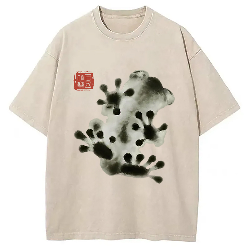 Ink Painting Frog Washed T-Shirt Soft Cotton Daily Wear Tee Gifts For Friends Ink Painting Frog Washed T-Shirt Soft Cotton Daily Wear Tee Gifts For Friends