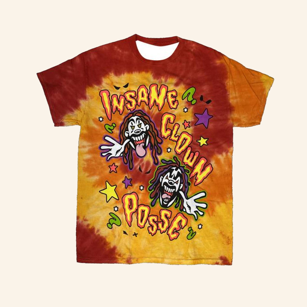 Insane Clown Posse Merch Cartoon Clowns T-Shirt In Tie Dye Red And Orange Shirt Insane Clown Posse Merch Cartoon Clowns T-Shirt In Tie Dye Red And Orange Shirt