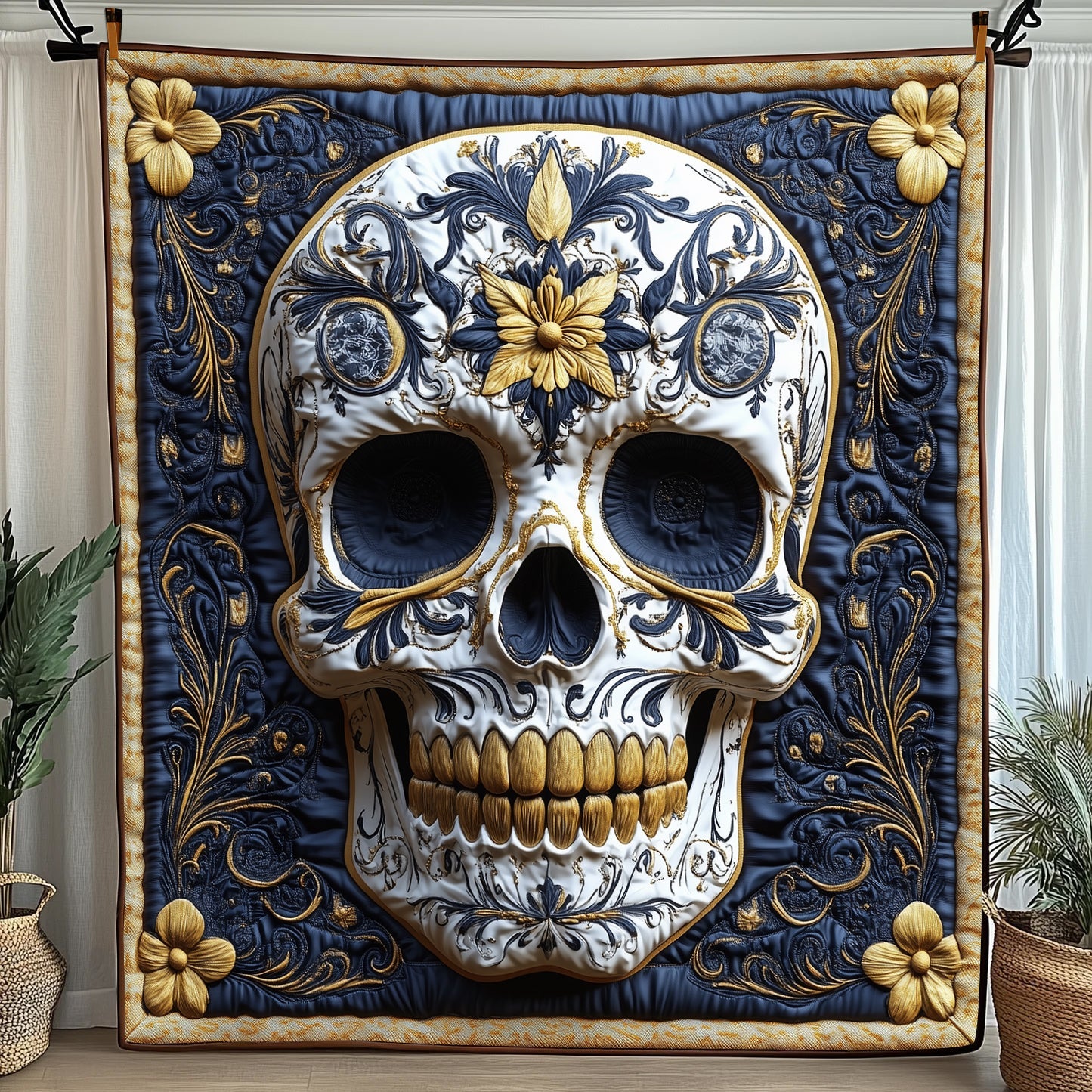 Intricate Floral Skull Quilted Blanket Cute Soft BlanketSkull Birthday Gifts