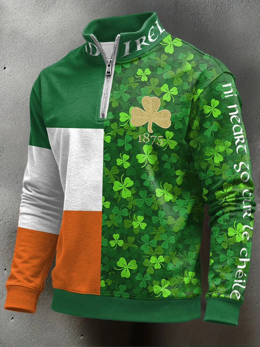 Ireland 1875 Shamrock Collar Zippered Sweatshirt St Patricks Day Irish Flag Clover Outfit Best Gift Fans