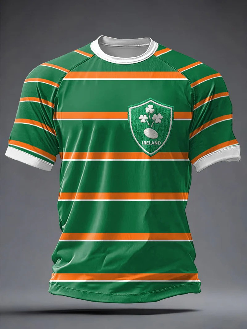 Ireland Rugby Hooped T-Shirt Shamrock Shield Crest Fan Gear Match Day Gift For Rugby Fans