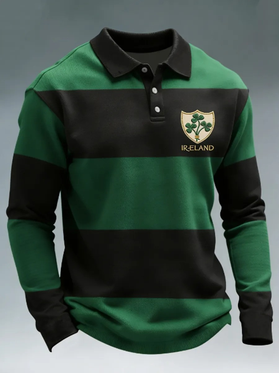 Ireland Rugby Shamrock Striped Long Sleeve Polo Shirt Irish Fan Gear Match Day Clothing Gift For Him