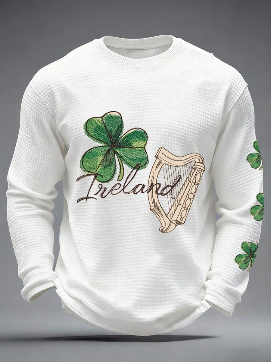 Ireland Shamrock Harp Graphic Long Sleeve Waffle Top St Patricks Day Irish Pride Shirt Best Gift For Him