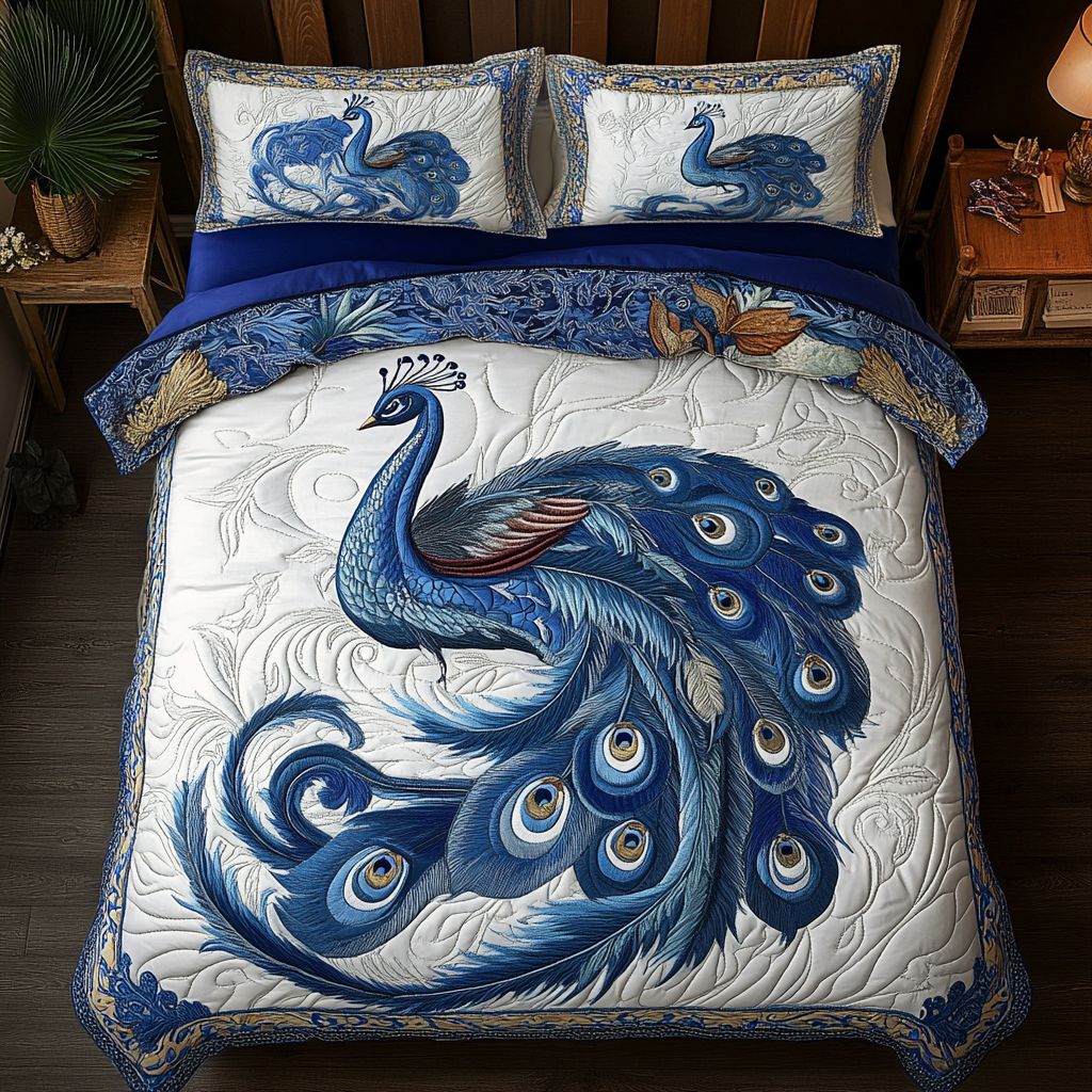 Iridescent Charm Quilted Bedding Set Bed Decorations Peacock Lovers Gifts For Men