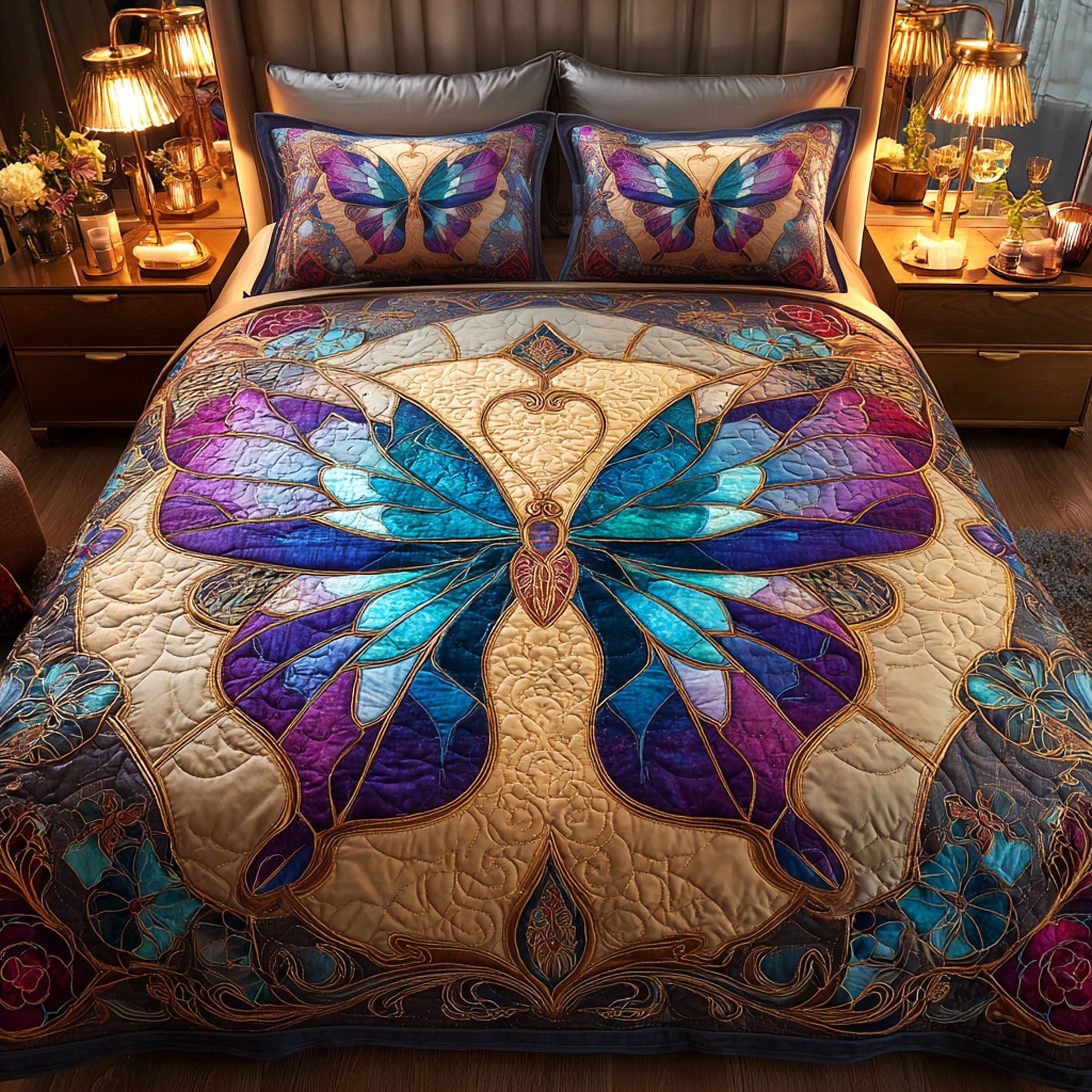 Iridescent Splendor Quilted Bedding Set Bed Room Decoration Butterfly Gift Ideas For Lovers