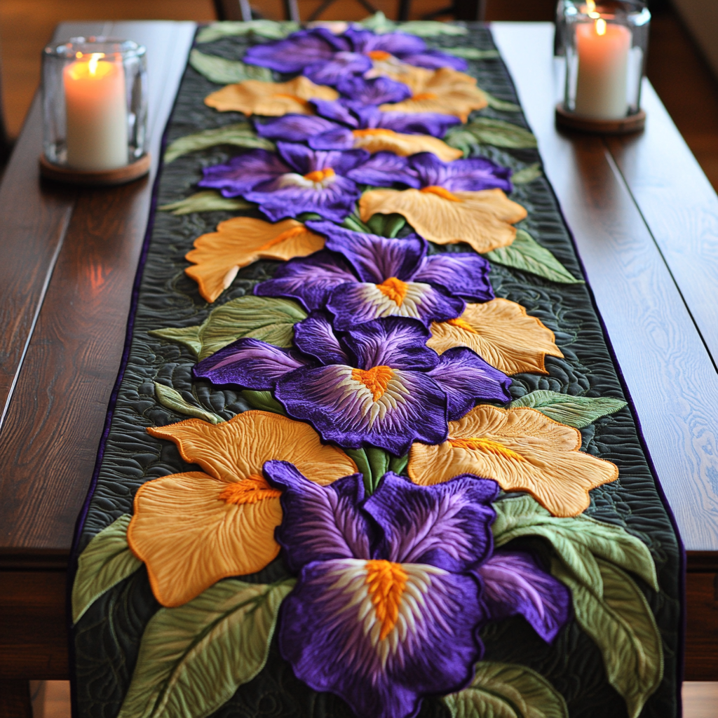 Iris Whispers Quilted Table Runner Elegant Holiday Table Runners Gifts For Flower Enthusiasts