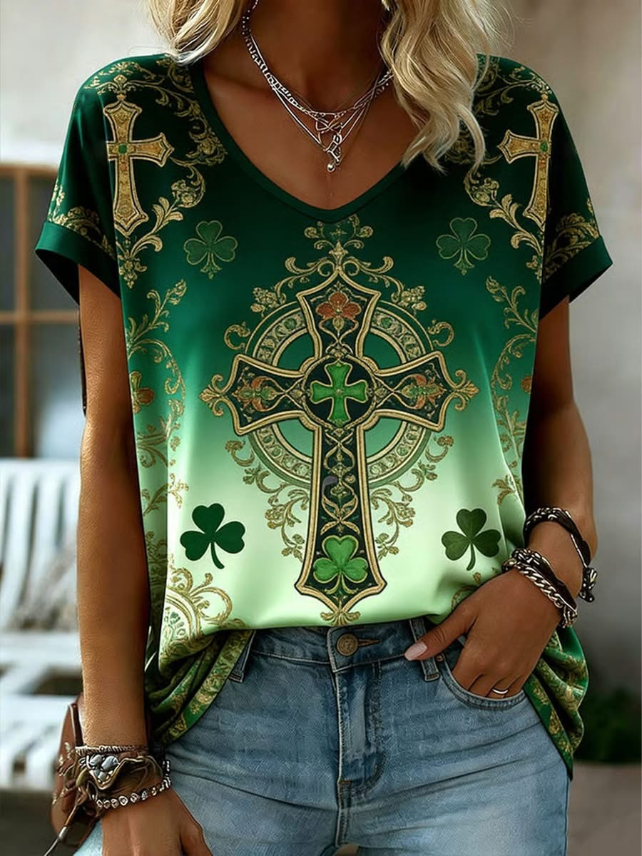 Irish American Celtic Cross Shamrock V-Neck Shirt St Patricks Day Outfit Best Gift For Irish Fans