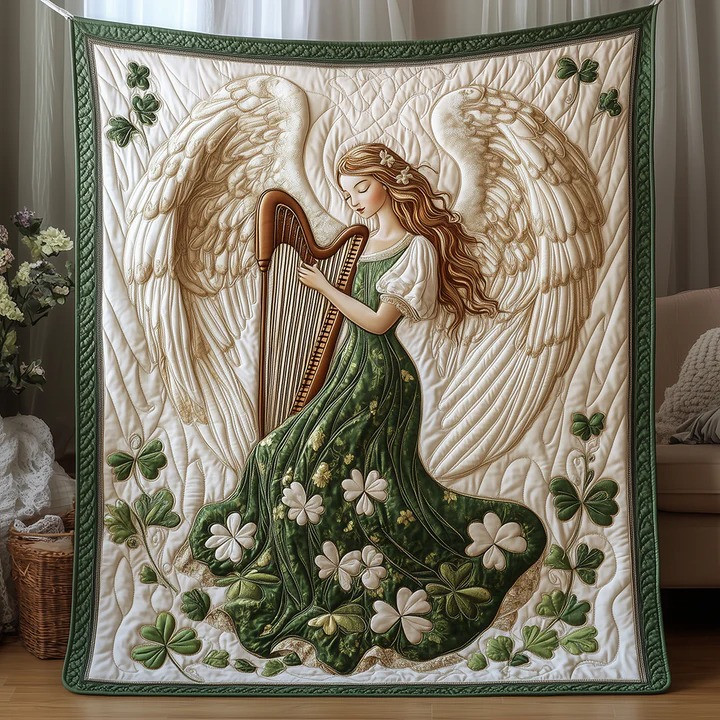 Irish Angel Harp Shamrock Quilted Blanket Celtic Music Blanket Art Best St Patrick's Day Gift