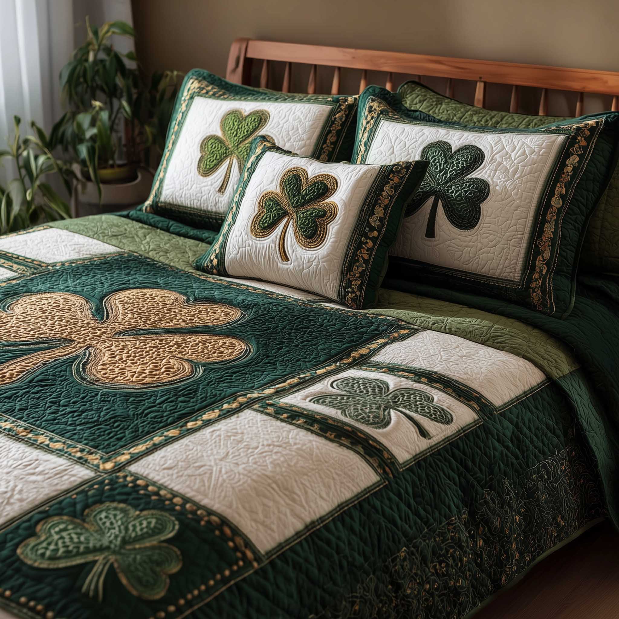 Irish Blessings Quilted Bedding Set Celtic Shamrock Bedroom Decor Gift For Irish Lovers
