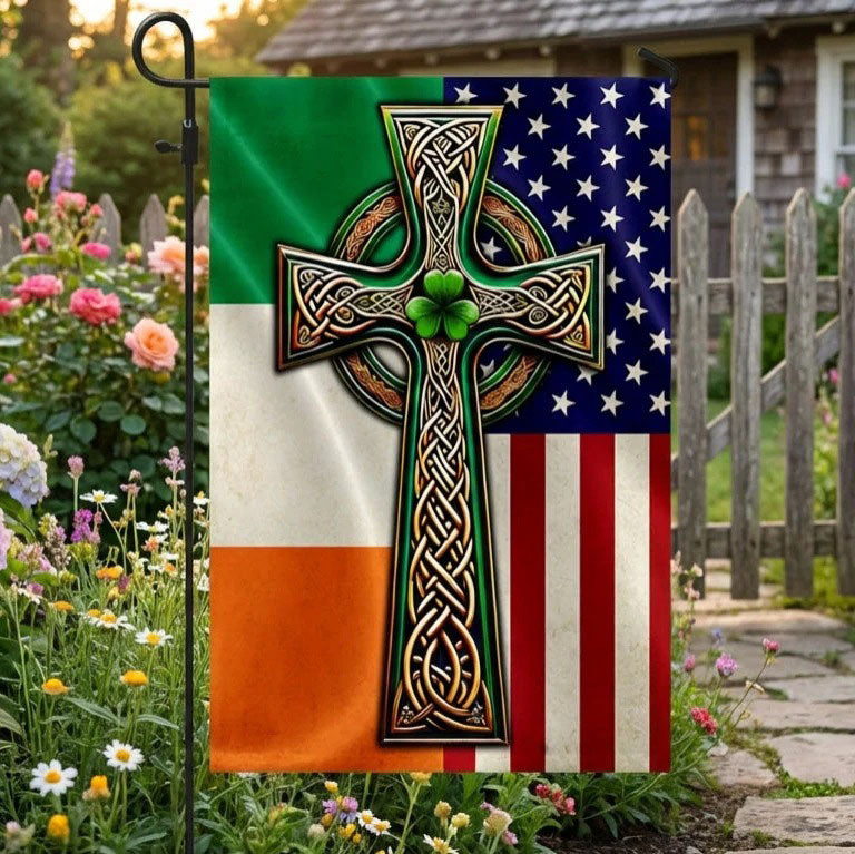 Irish Celtic Cross Garden Flag St Patricks Day Irish American Shamrock Patriotic Decor Gift