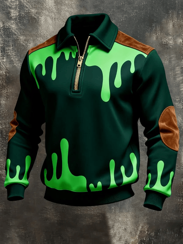 Irish Green Slime Drip Zip Polo Sweatshirt St Patrick's Day Men Funny Lucky Party Outfit