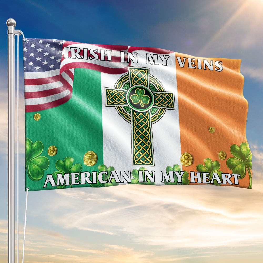 Irish In My Veins American In My Heart Flag St. Patricks Day Celtic Cross Decor Best Gift