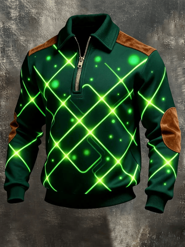 Irish Neon Grid Zip Polo Sweatshirt St Patrick's Day Dark Green Graphic Men Party Outfit