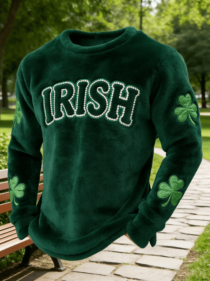 Irish Rhinestone Letter Fluffy Long Sleeve Shirt St Patrick's Day Dark Green Shamrock Sleeve Outfit