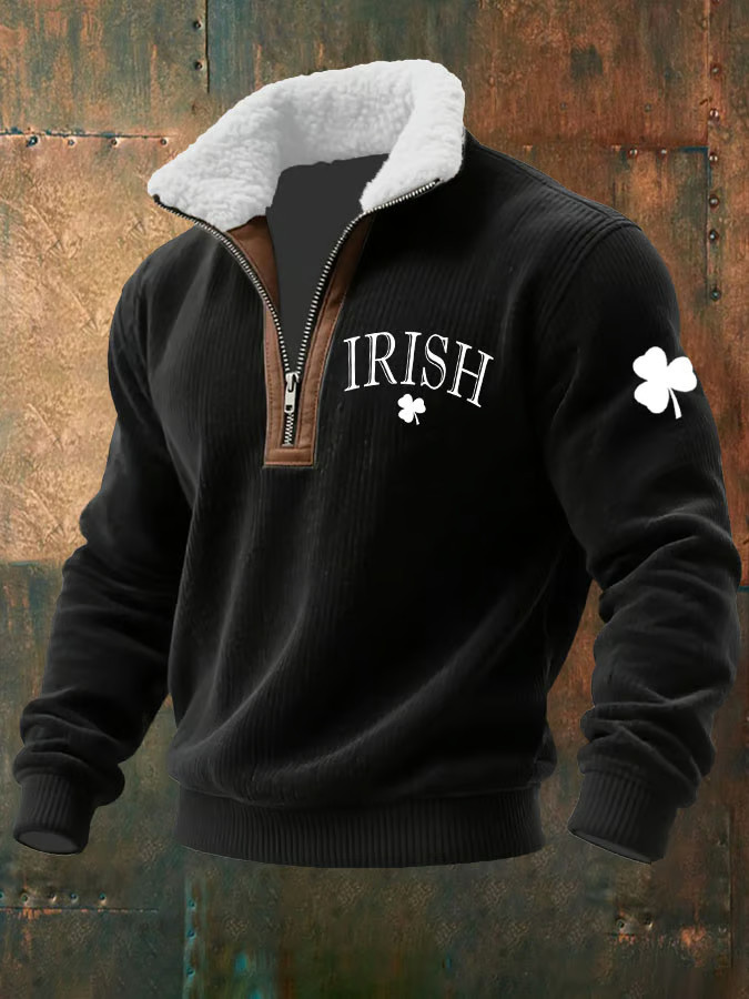 Irish Saint Patrick's Day Shamrock Zipper Fur Collar Sweatshirt St Patrick's Day Green Clothes