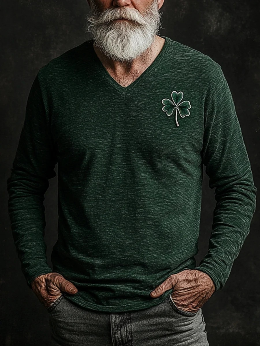 Irish Shamrock Graphic V-Neck Long Sleeve T-Shirt St Patricks Day Lucky Clover Gift Men