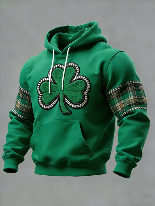 Irish Shamrock Hoodie St Patrick's Day Green Clover Plaid Sleeve Lucky Charm Party Outfit