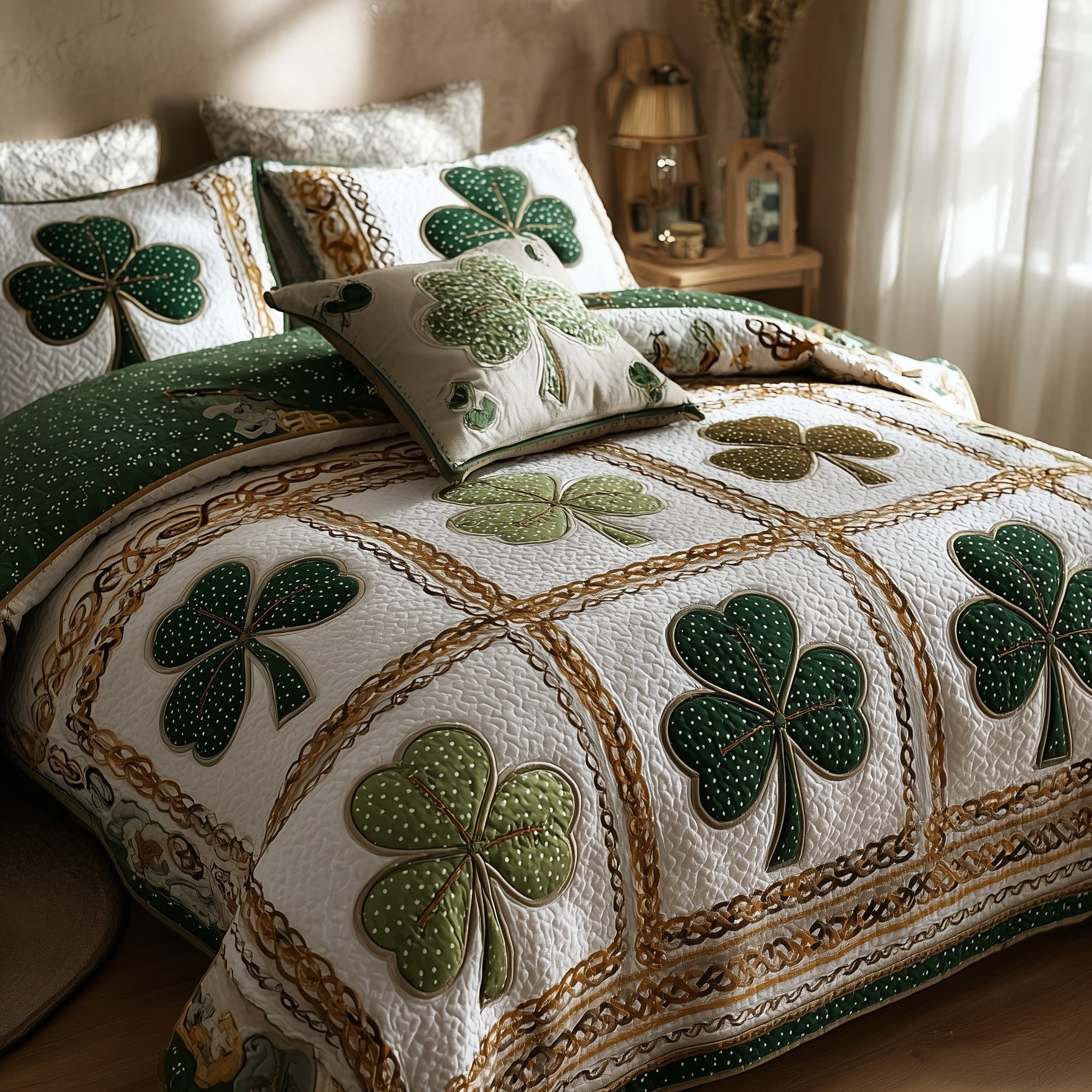 Irish Shamrock Quilted Bedding Set Duvet Cover Bedspread Best Irish Gifts For Him Her