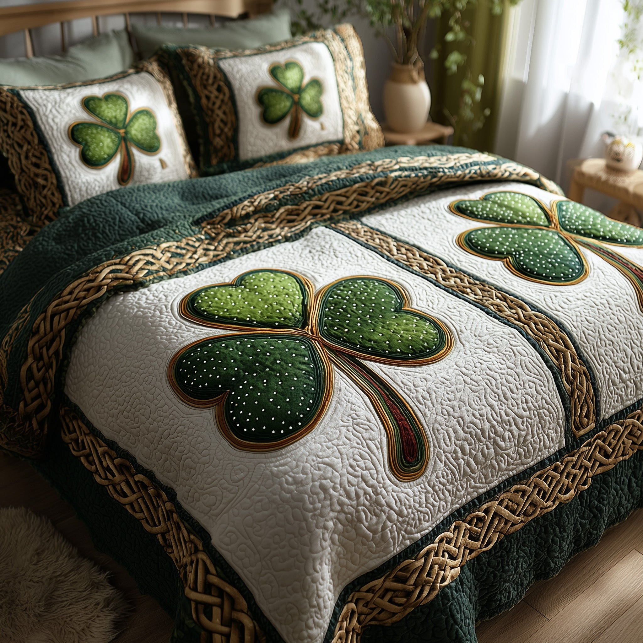 Irish Shamrock Quilted Bedding Set Duvet Cover Bedspread Gifts For Him Ireland