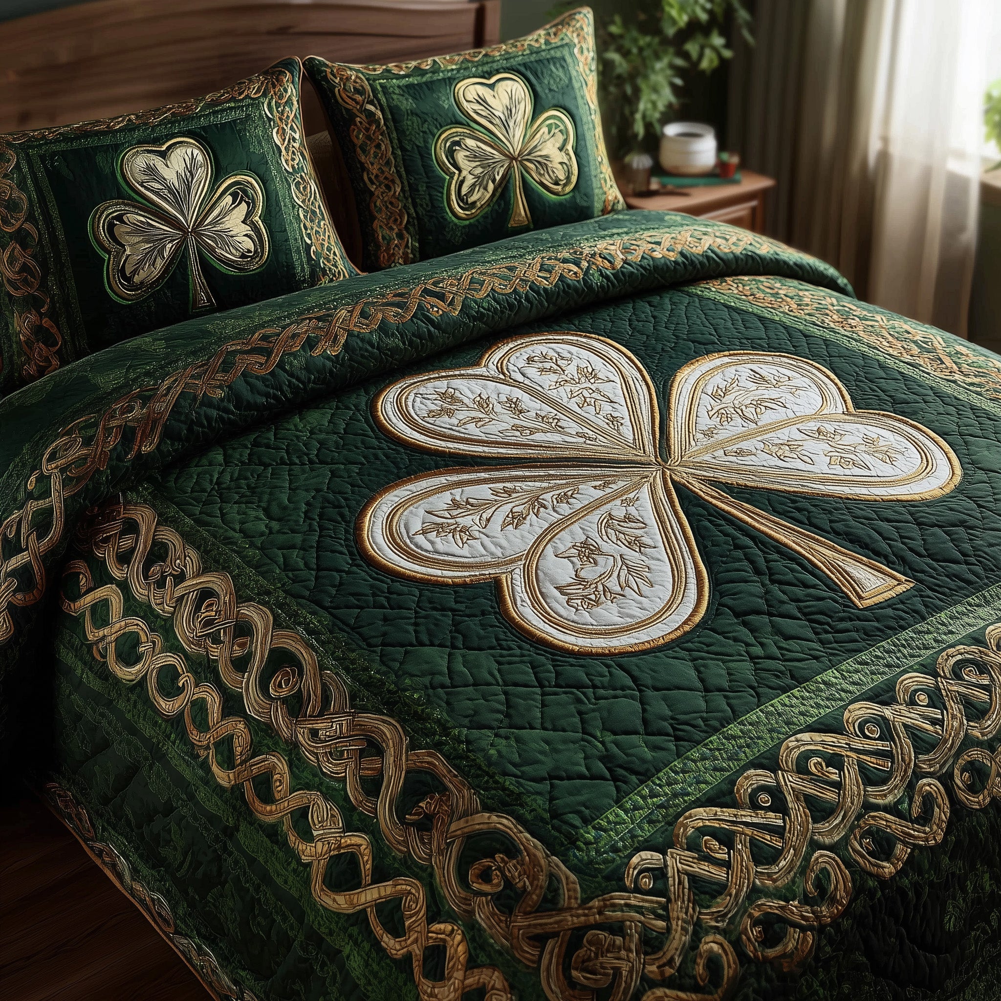 Irish Shamrock Quilted Bedding Set Duvet Cover Bedspread Irish Presents
