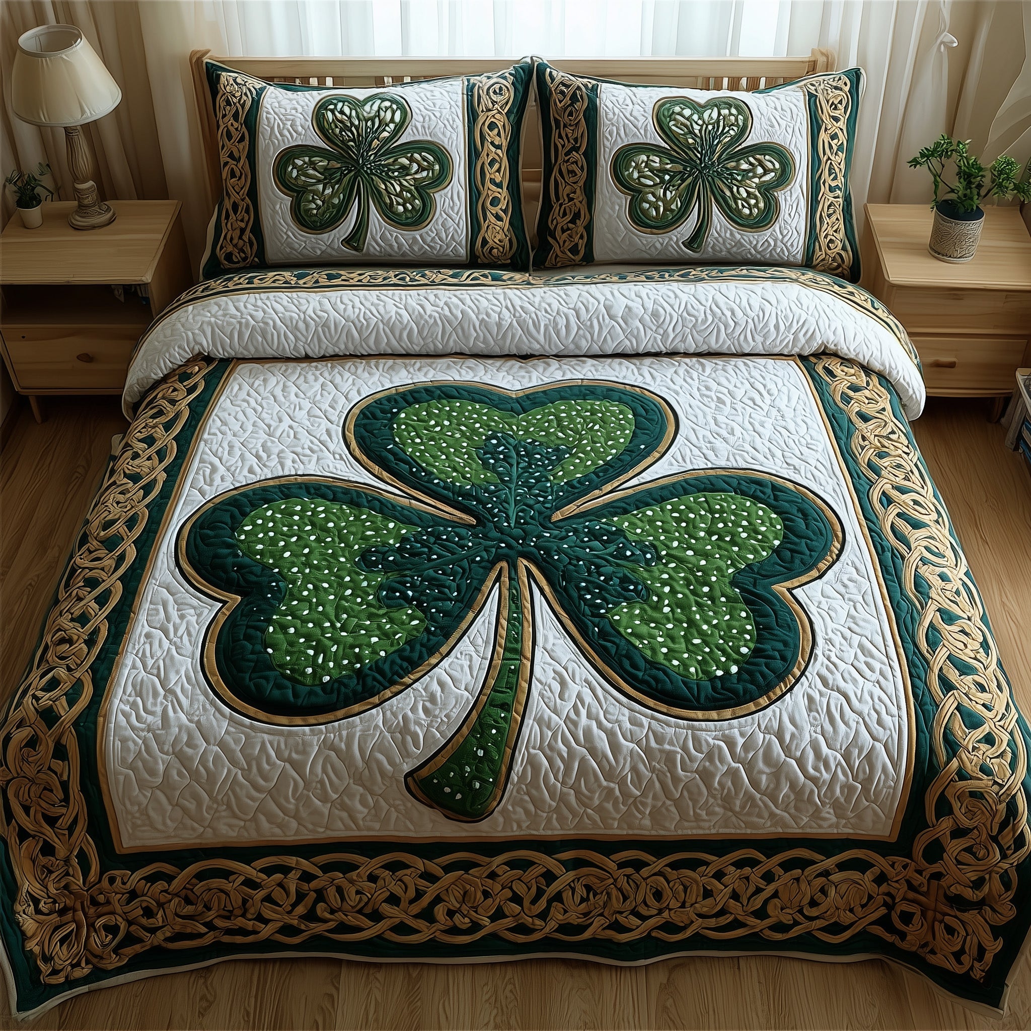 Irish Shamrock Quilted Bedding Set Floral Print