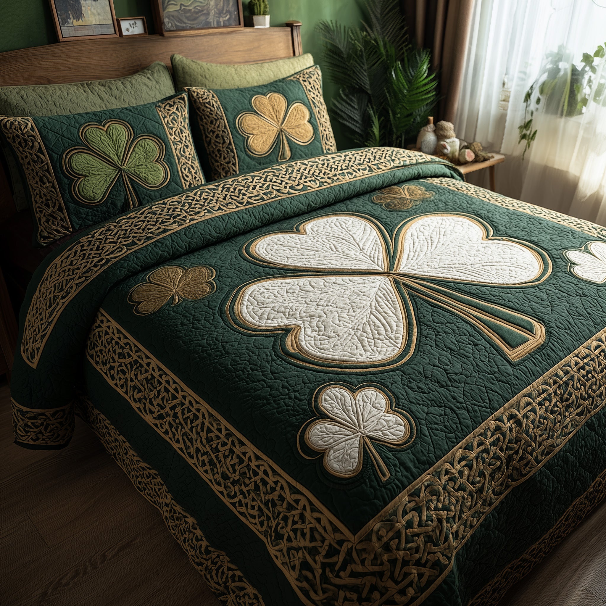 Irish Shamrock Quilted Bedding Set Geometrical Pattern
