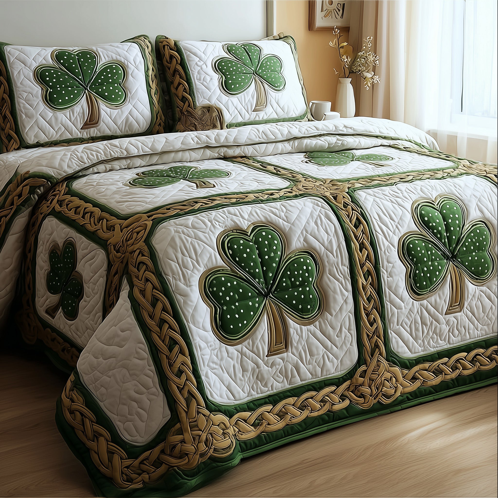 Irish Shamrock Quilted Bedding Set Striped Design