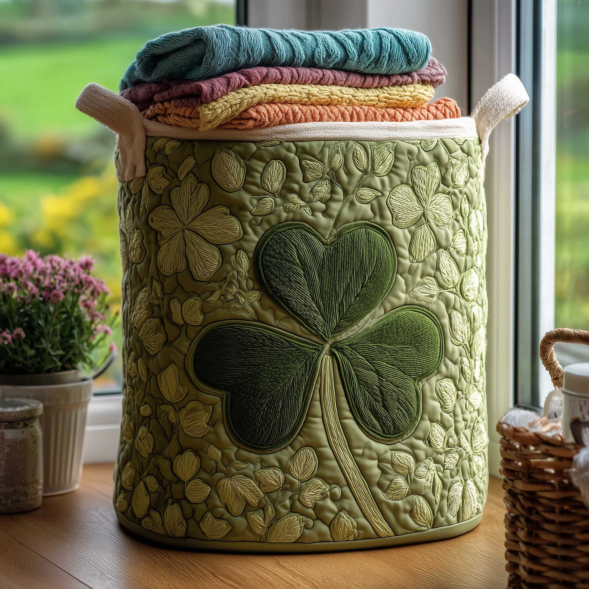 Irish Shamrock Quilted Laundry Basket Adorable Christmas Gift For Green Lovers