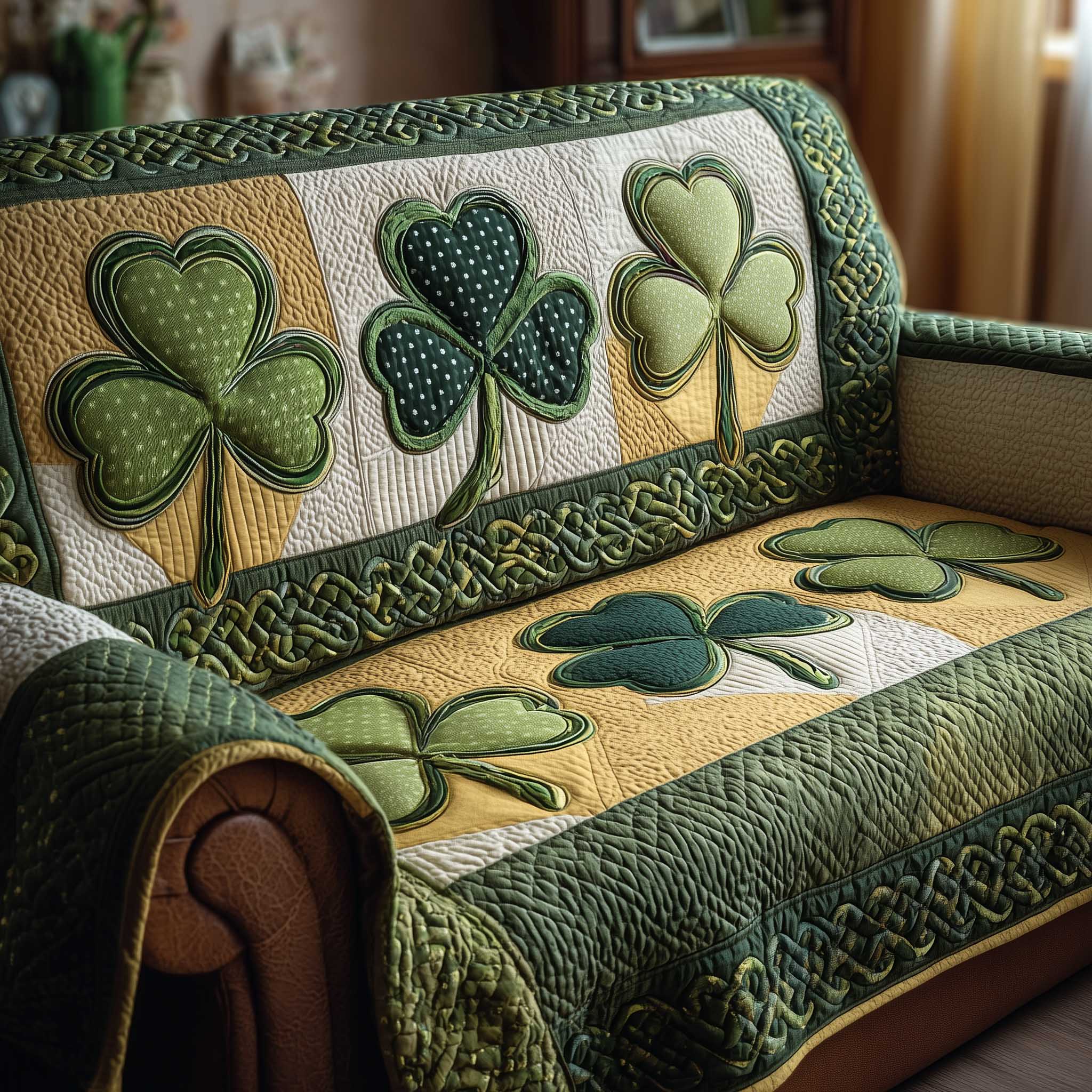 Irish Shamrock Quilted Sofa Cover Lucky Clover Green Motif Best Family Gift Ideas