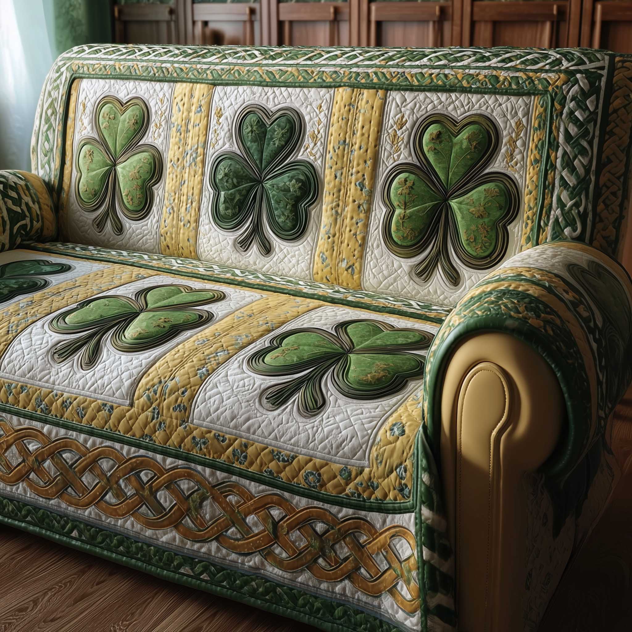 Irish Shamrock Quilted Sofa Cover St. Patrick's Day Clover Design Best Family Gift Ideas