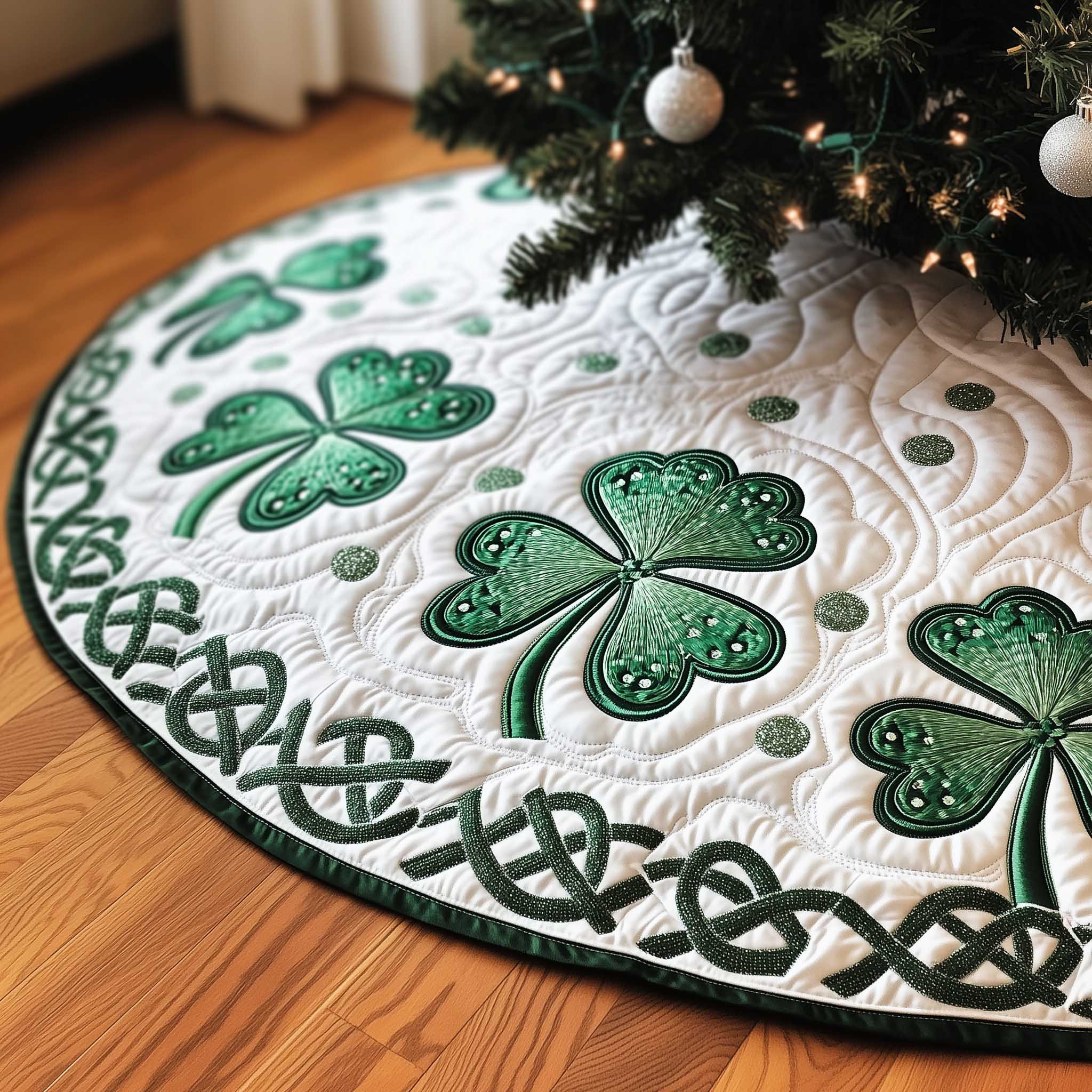 Irish Shamrock Quilted Tree Skirt Clover Pattern Holiday Home Decor Best Gift Ideas