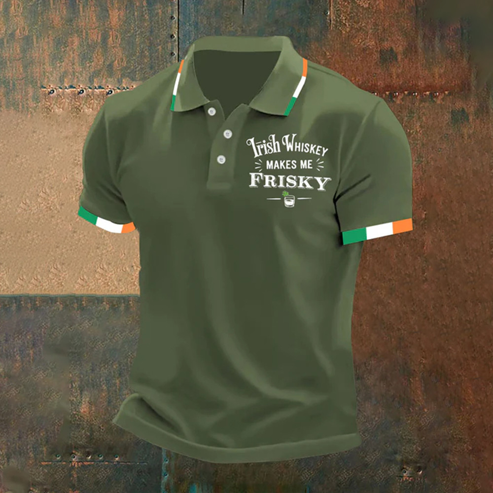 Irish Whiskey Makes Me Frisky Polo Shirt Saint Patrick's Day 2026 Clothes Husband Gift Idea