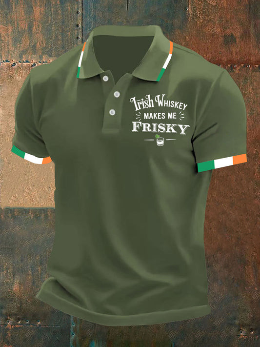 Irish Whiskey Makes Me Frisky Polo Shirt St Patrick's Day Ireland Flag Funny Party Outfit