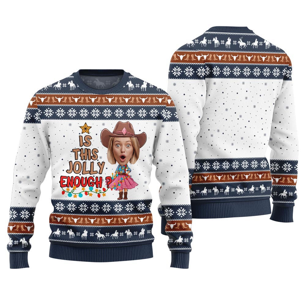 Is This Jolly Enough Custom Face Cowgirl Ugly Sweater Navy Best Ugly Sweaters For Christmas