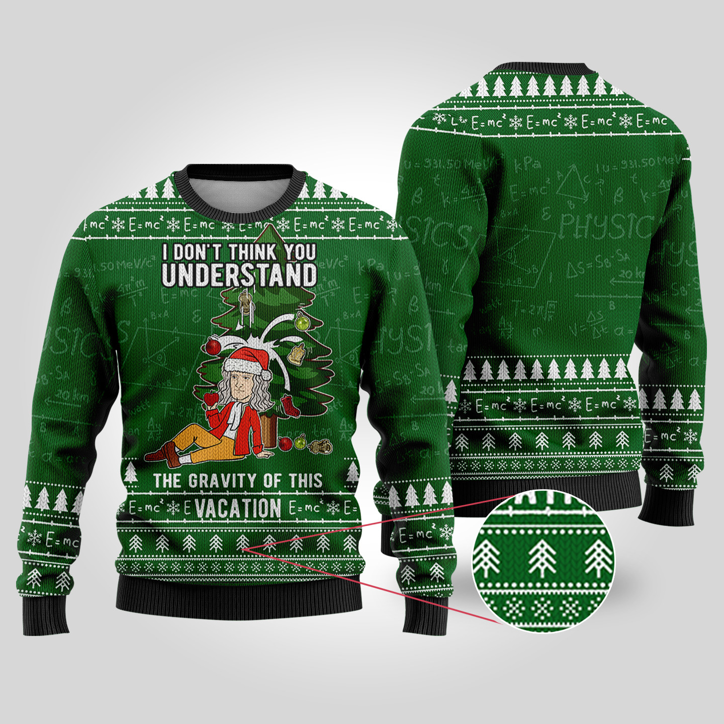 Isaac Newton Science Ugly Christmas Sweater Forest Green Cute Christmas Sweatshirt for Holiday Spirit