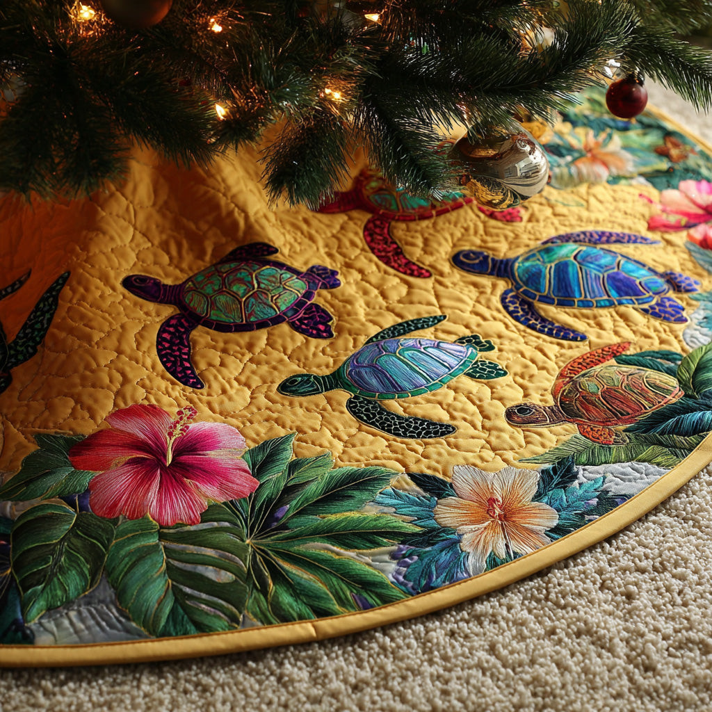 Island Bloom Christmas Quilted Tree Skirt Winter Home Decor Christmas Gifts For Turtle Lovers