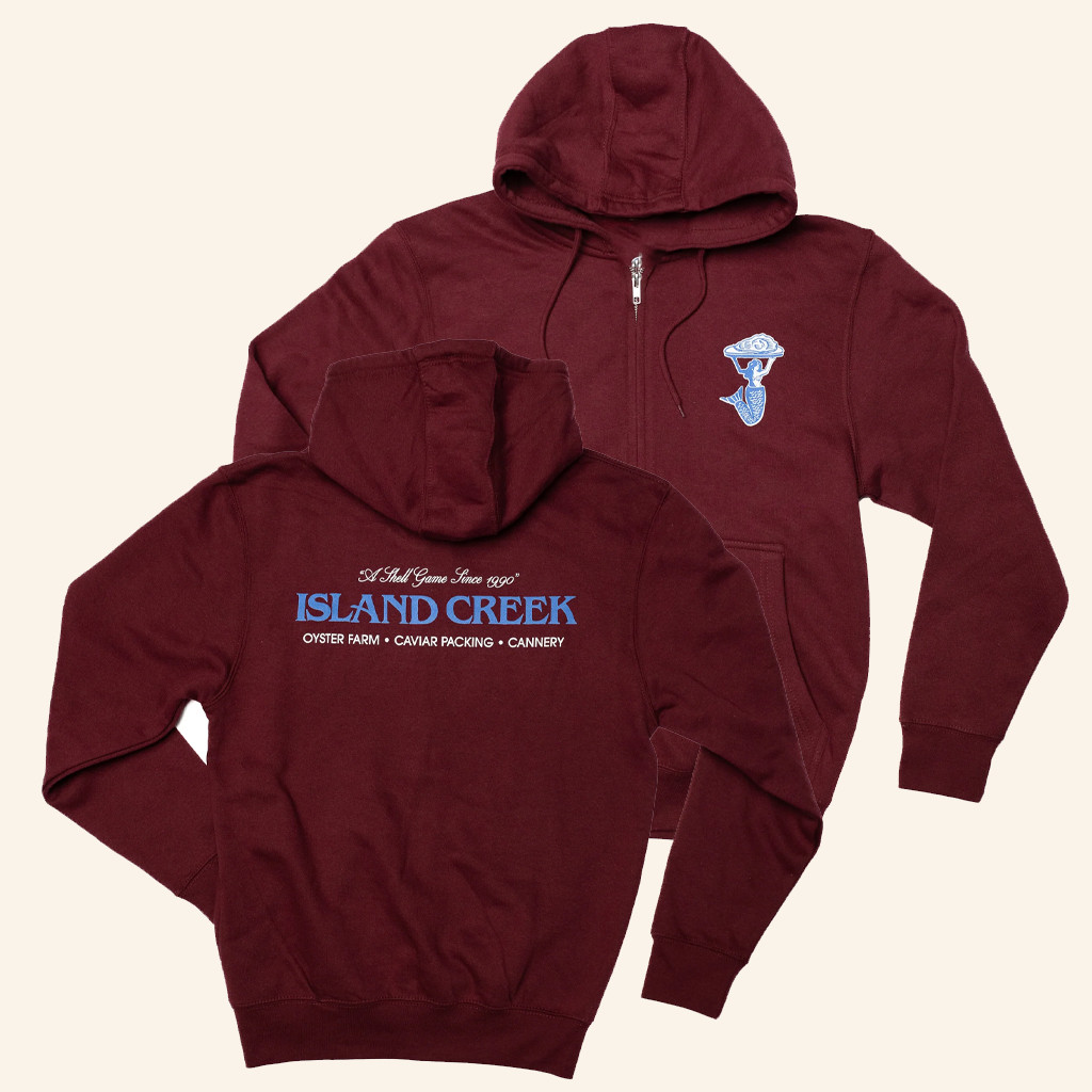 Island Creek Oysters Merch Island Creek Burgundy Shell Game Zip Up Hoodie Gifts For Sister