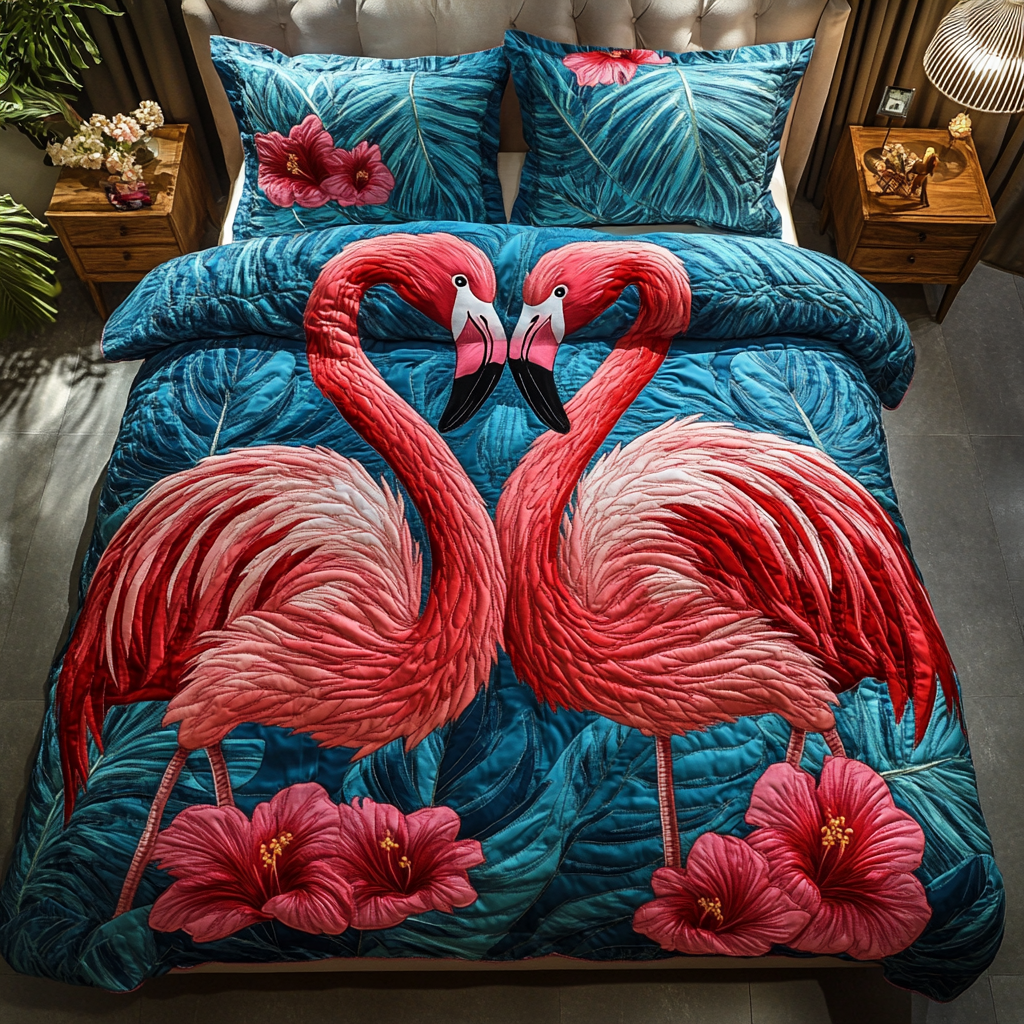 Island Flair Quilted Bedding Set Bed Decor Birthday Presents For Flamingo Lovers